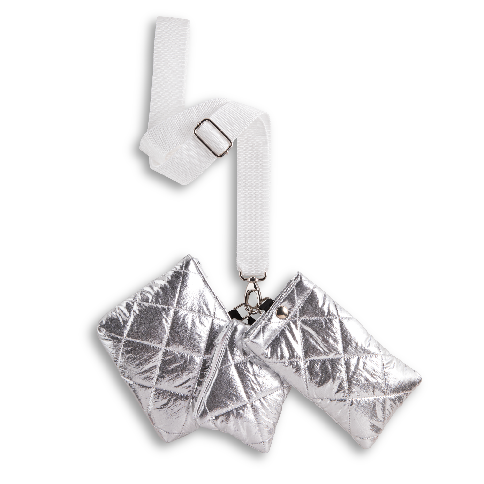 Dreiteiliges Silber Crossbody Set mit weißem verstellbaren Gurt von LABEKA