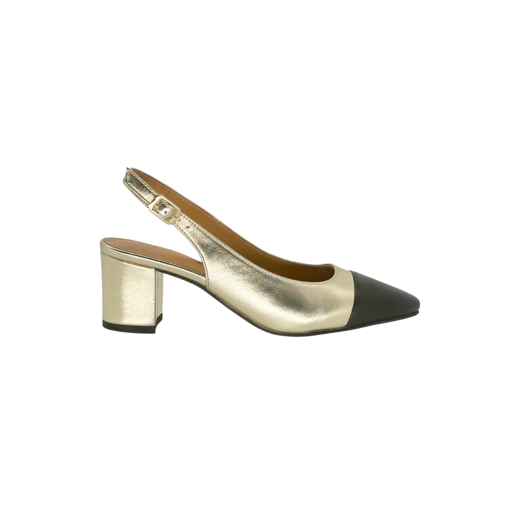 Gold farbene Sling Pumps mit schwarzer Kappe von LABEKA