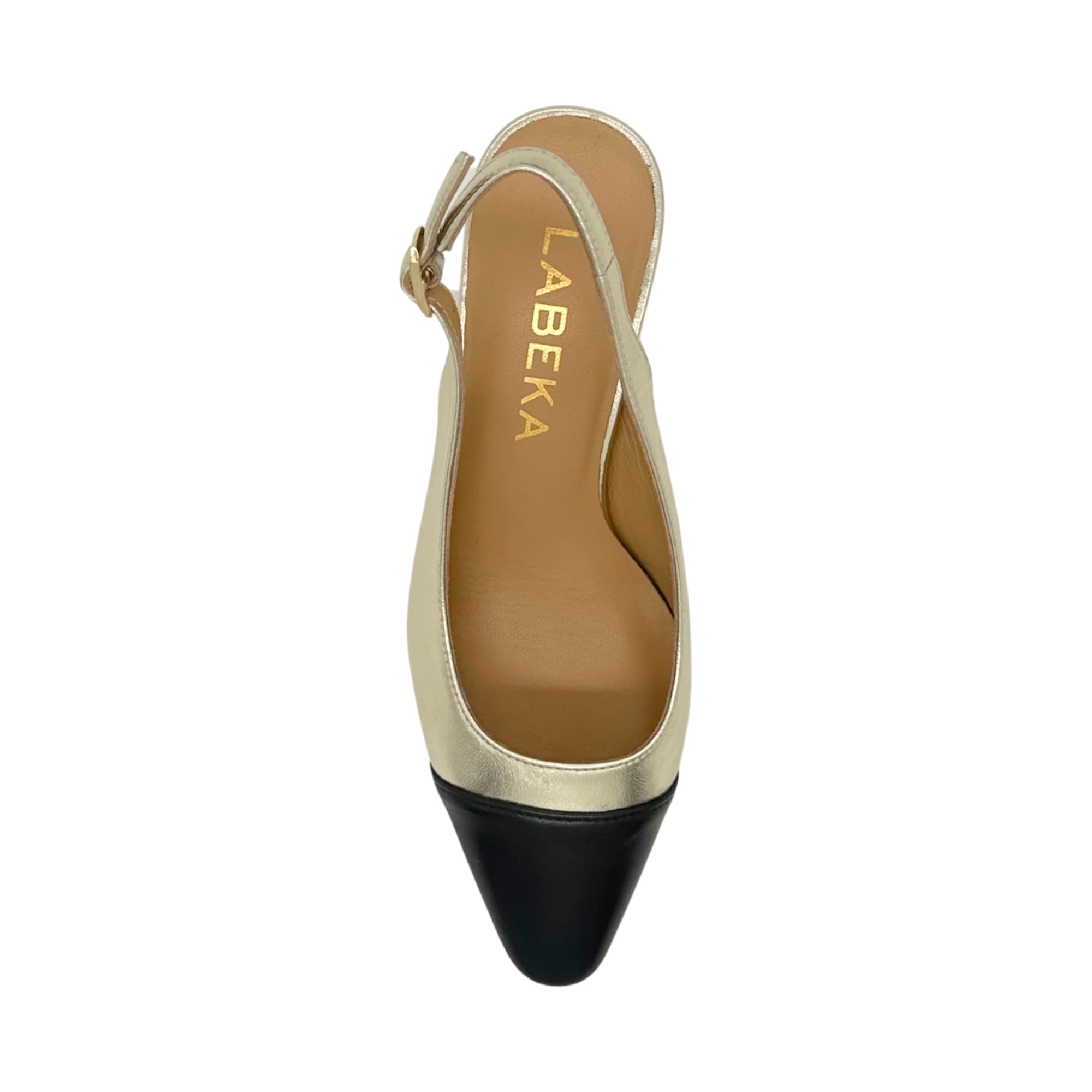 Bequeme Gold farbene Sling Pumps mit schwarzer Kappe von LABEKA