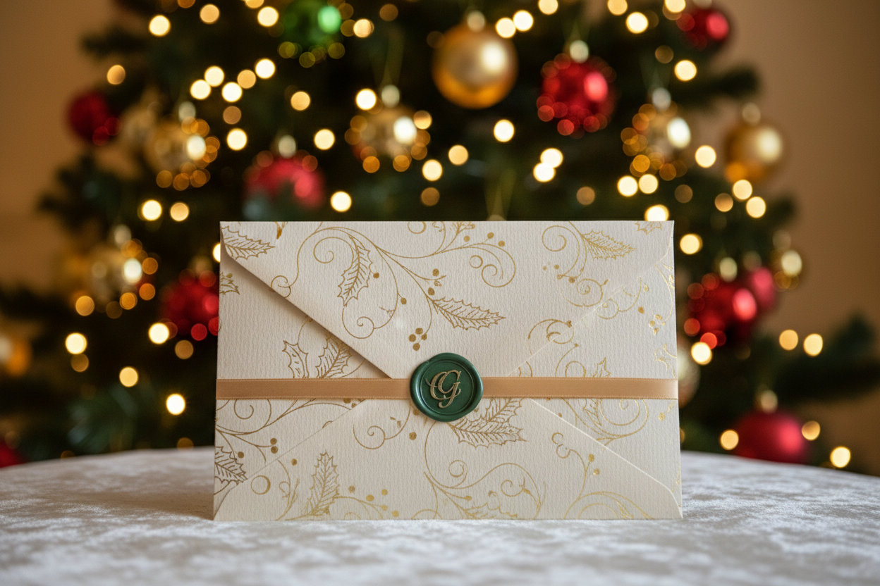 ein kuvert mit einem Genschekgutschein vor einem weihnnachtsbaum fokus auf den briefumschlag
